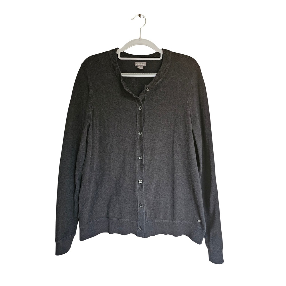 Eddie Bauer Cardigan Sweater Womens‎ L Black Cotton Blend Button Front Classic